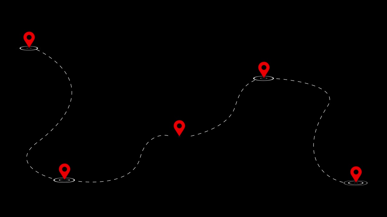 Animated route map pin background red location markers dashed travel path copy space travel delivery
