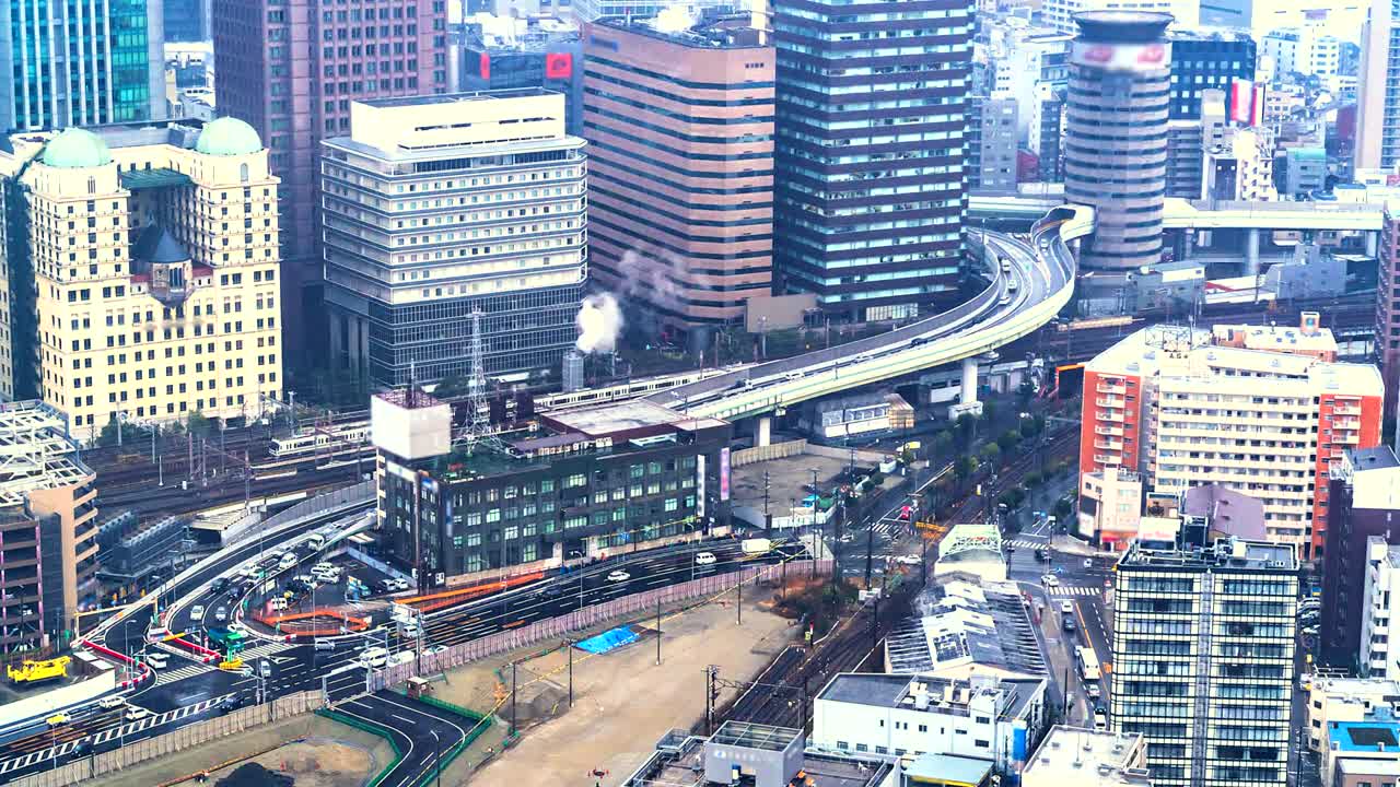 일본 오사카의 고속도로, 고속도로 및 고속도로의 오사카 시의 4k 타임 스 교통