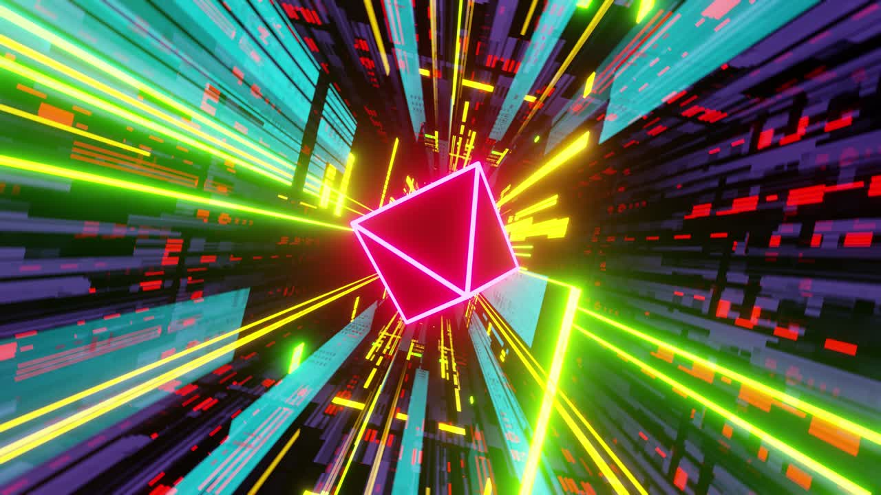 초고속 네온 터널, 밝은 네온 선과 프리스마를 통해 날아가는 루프 애니메이션