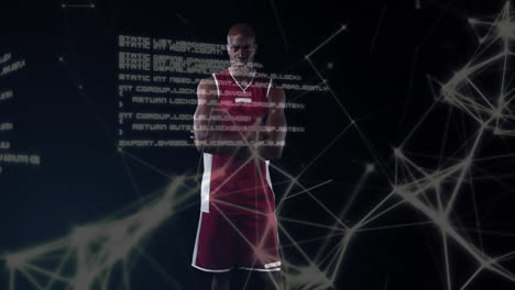 standing with arms crossed, basketball player over network connections and coding animation