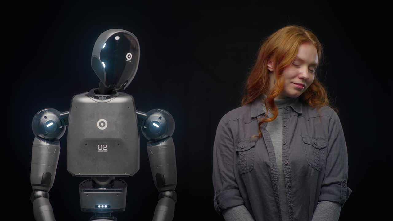 people and Robots Concept Vfx Animation of Hightech Humanoid Robot Prototype of Young Woman Visualization of Futuristic People and Robots Concept Vfx Animation of Hightech Humanoid Robot Prototype of Young Woman Connection and Collaboration between Humanity and Artificial Intelligence