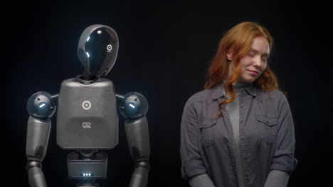 people and robots concept vfx animation of hightech humanoid robot prototype of young woman visualization of futuristic people and robots concept vfx animation of hightech humanoid robot prototype of young woman connection and collaboration between humanity and artificial intelligence