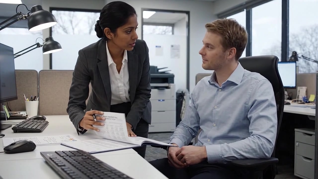 An Office Scene Showing Two Colleagues Collaborating over Documents, with One Person Writing Notes while the Other Observes with Interest in a Professional Environment.