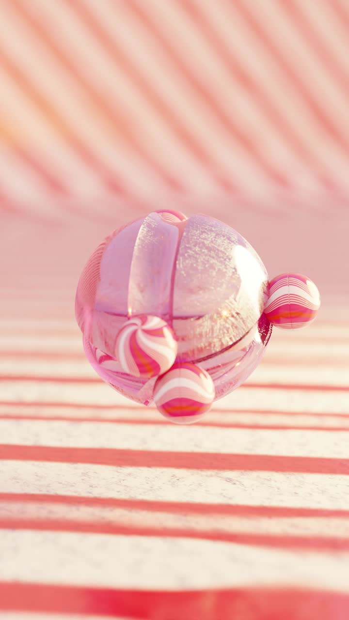 3D rendering of small candy balls rolling on pink sphere in loop
