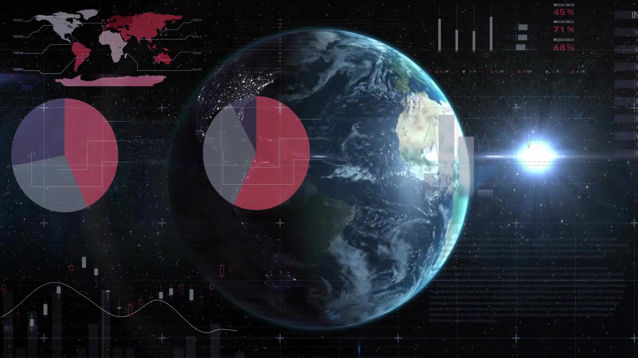 All'avvio, il globo terrestre ruota mentre i grafici a barre si animano nello spazio visualizzando metriche globali.