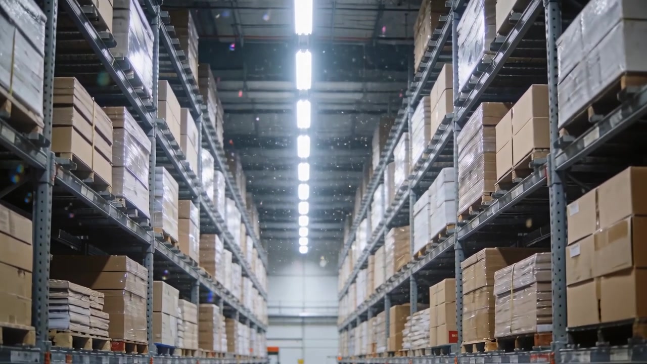 Camera dolly pushing down warehouse aisle revealing stacked boxes pallets red safety gear for audit
