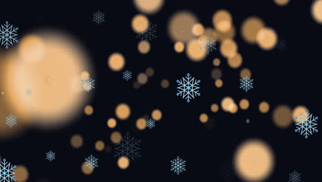 animación de copos de nieve y manchas de luz naranja flotando contra un fondo negro con espacio de copia