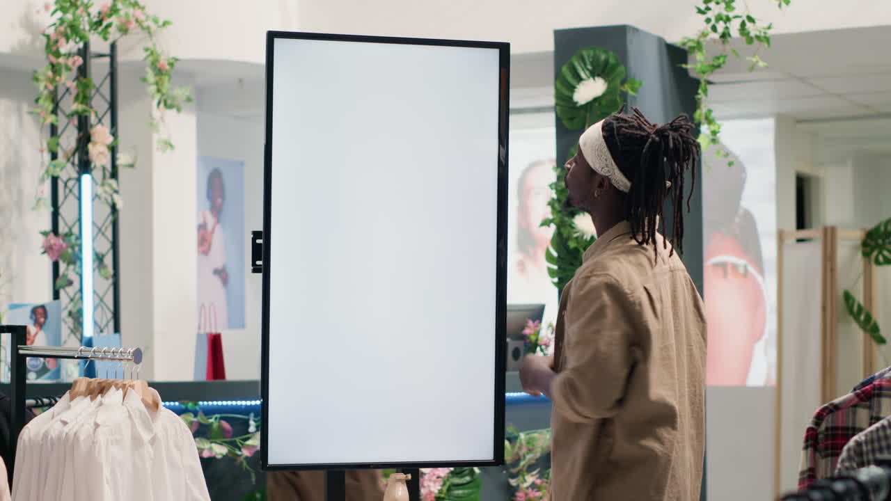 comprador mirando la pantalla de maqueta de la tienda