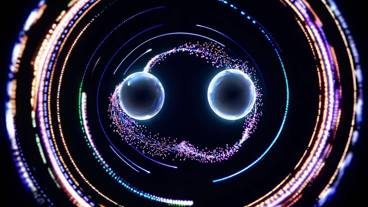 두 개의 반이는 구는 다채로운 입자 흔적에 의해 연결되어 있으며, 동심 원의 배경에 대한 양자 매기를 설명하며, 양자 상태의 상호 연결을 보여줍니다.