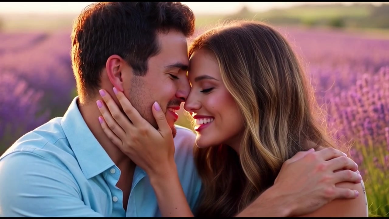 Young Couple Having a Romantic Picnic in a Lavender Field