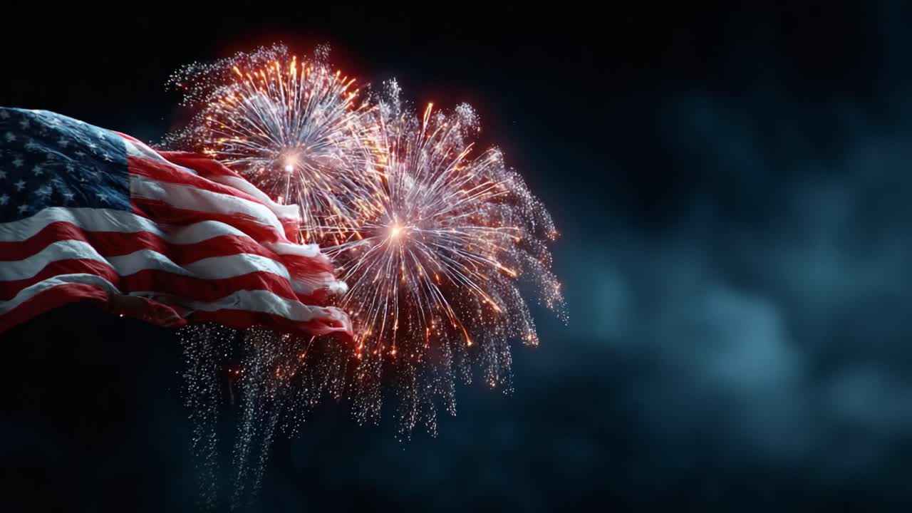 Celebratory Display: A Majestic American Flag Waves Proudly Beneath Vibrant Fireworks Illuminating the Night Sky in a Captivating Celebration of Freedom and Unity