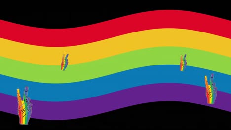 Animation-of-rainbow-victory-signs-and-pride-text-over-rainbow-background