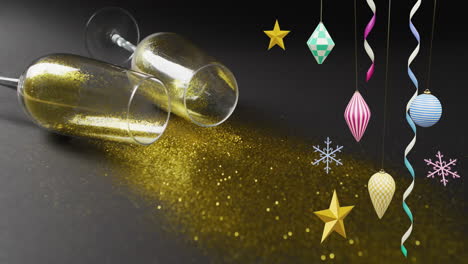 animación de copas de champán y decoraciones navideñas.