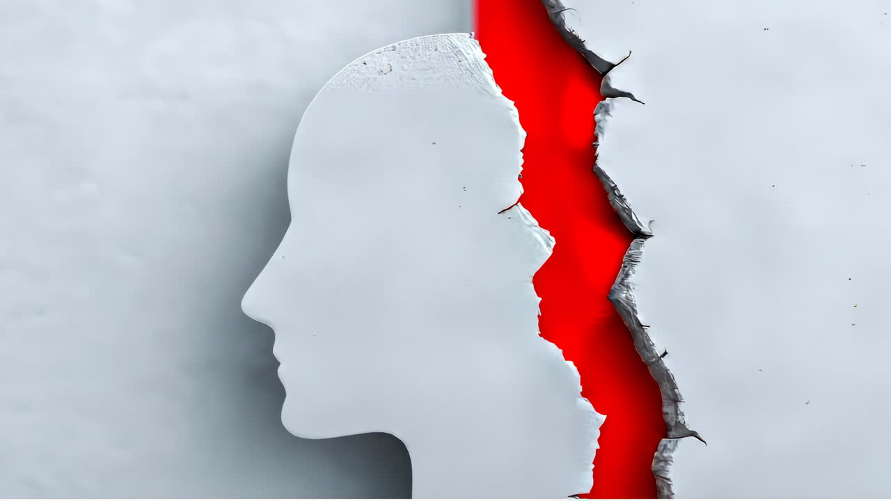 Broken face art design. A modern artwork depicts a white face split open, exposing a vibrant red interior, symbolizing emotional depth