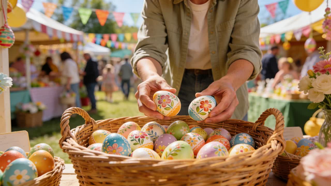 Shopper nearing, vendor in green shirt lifting painted eggs from wicker basket at market for sale