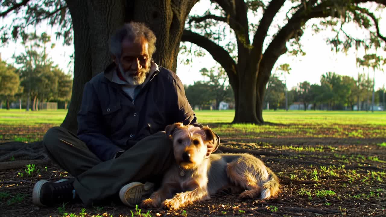A Serene Afternoon in the Park: An Older Man Sits Peacefully Under a Grand Tree with His Loyal Dog, Enjoying Quality Time Together in Nature's Embrace