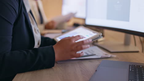 tablet, charts or hands of woman with data