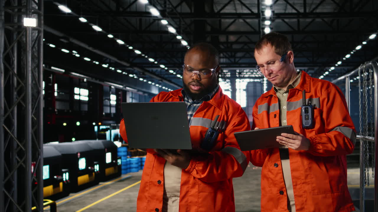 Industrial staff oversees plant operation with gadgets surrounded by tools