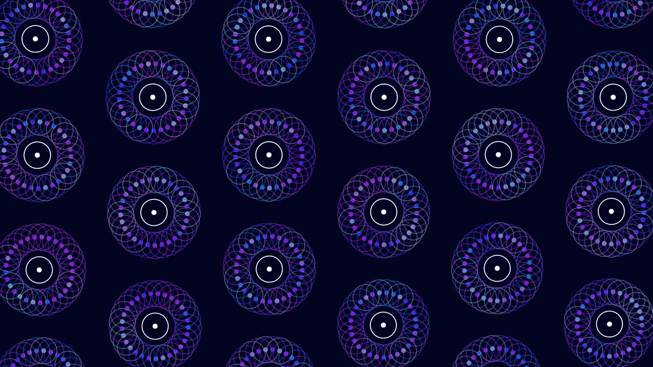 Motivo a cerchi dinamici viola e blu con effetto luminoso su sfondo nero