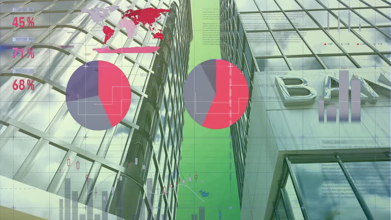 animación del procesamiento de datos estadísticos contra edificios altos