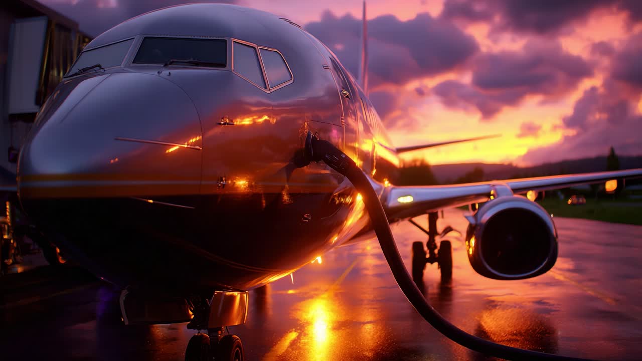 An Enchanting Evening Scene Featuring a Modern Commercial Aircraft Being Refueled Under a Stunning Sunset Sky Illuminated by Rich Orange and Purple Hues, Capturing the Essence of Aviation at Dusk