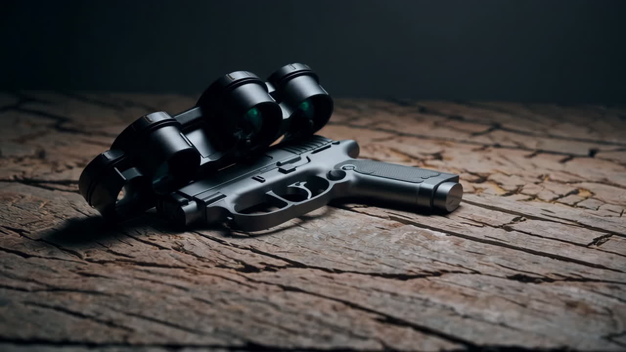 Pistol with Accessories on Wooden Surface