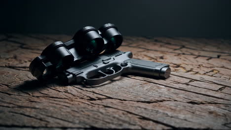 Pistol with Accessories on Wooden Surface