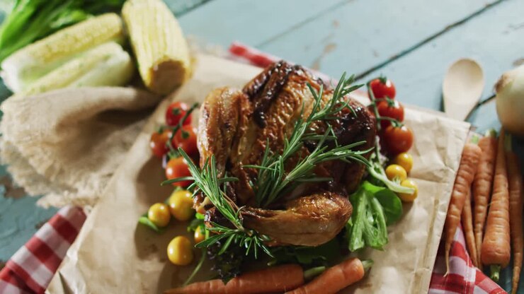 Vista ravvicinata di pollo cotto e diversi ingredienti alimentari su superficie di legno.