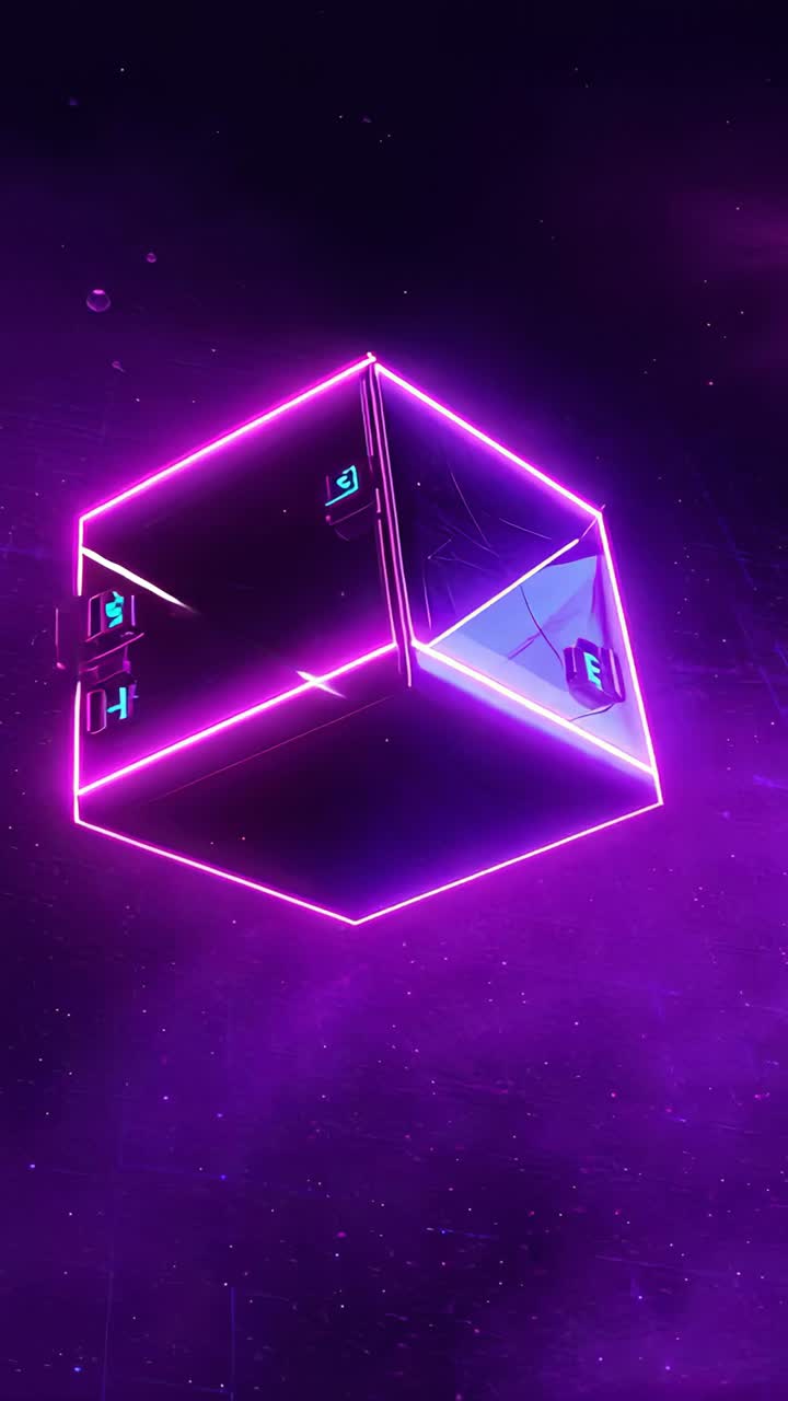 Vertical video: Rotating neon cube shifting pink to blue in nebula as cam coming, revealing E cube