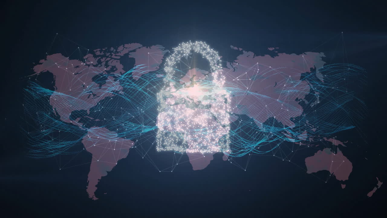 Digital padlock and network connections animation over world map background