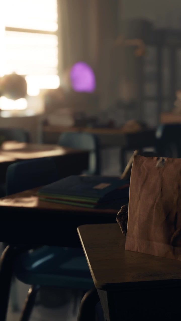 Classroom with empty desks and school supplies on a sunny afternoon