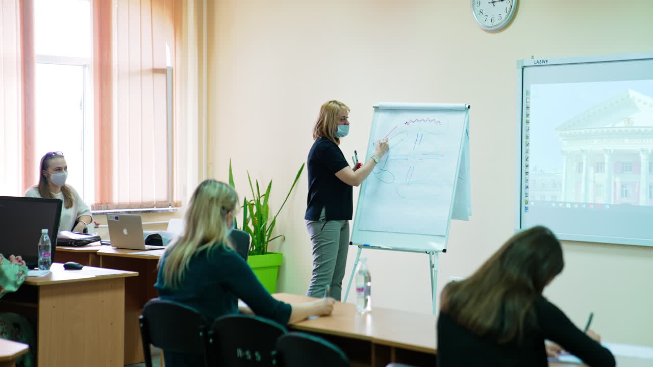 Mid-aged blonde female lecturer explaining the material and drawing a scheme on the whiteboard. Ophthalmic course at medical university.