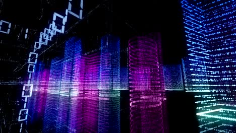 Abstract virtual city inside a computer system. Hologram 3D Big Data Digital City