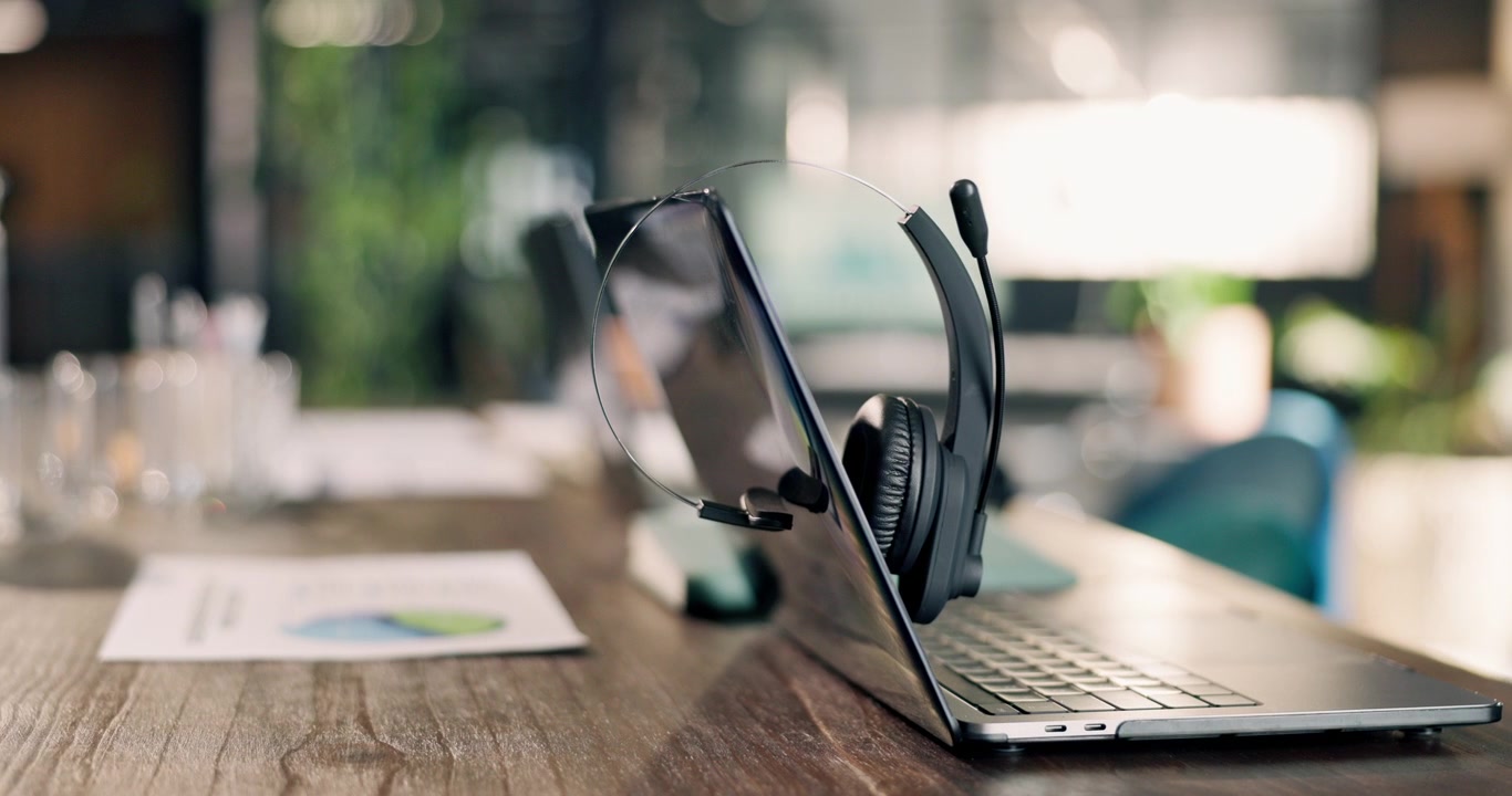 Headset Resting on Laptop in Modern Office Workspace