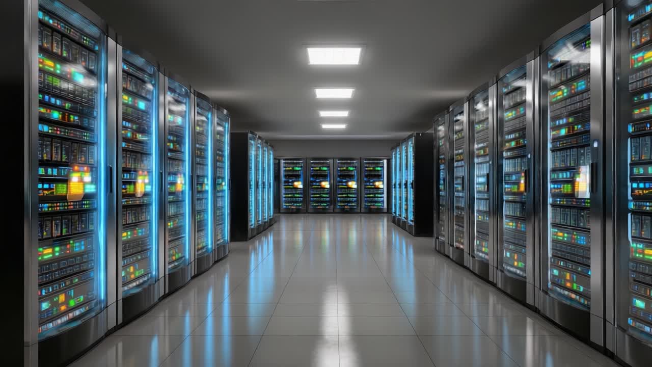 A Modern Data Center Showcase: Exploring the Advanced Server Racks and High-Tech Infrastructure in a Designated Space for Optimized Digital Storage and Processing