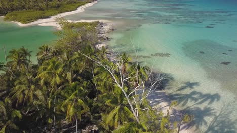 Toma-Aérea-De-Una-Playa-Tropical-Y-Una-Laguna-Con-Largas-Sombras-De-Palmeras-De-Coco-Volando-Hacia-Atrás