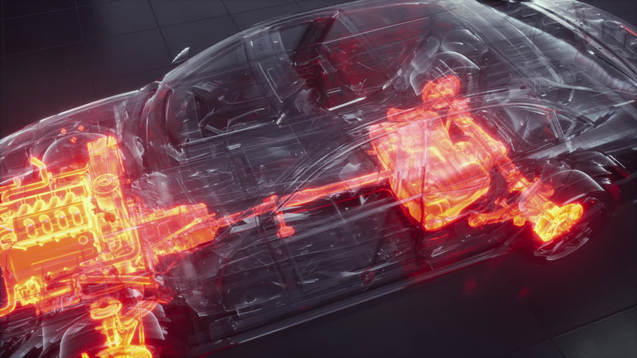 실험실에서 엔진이 있는 투명한 자동차