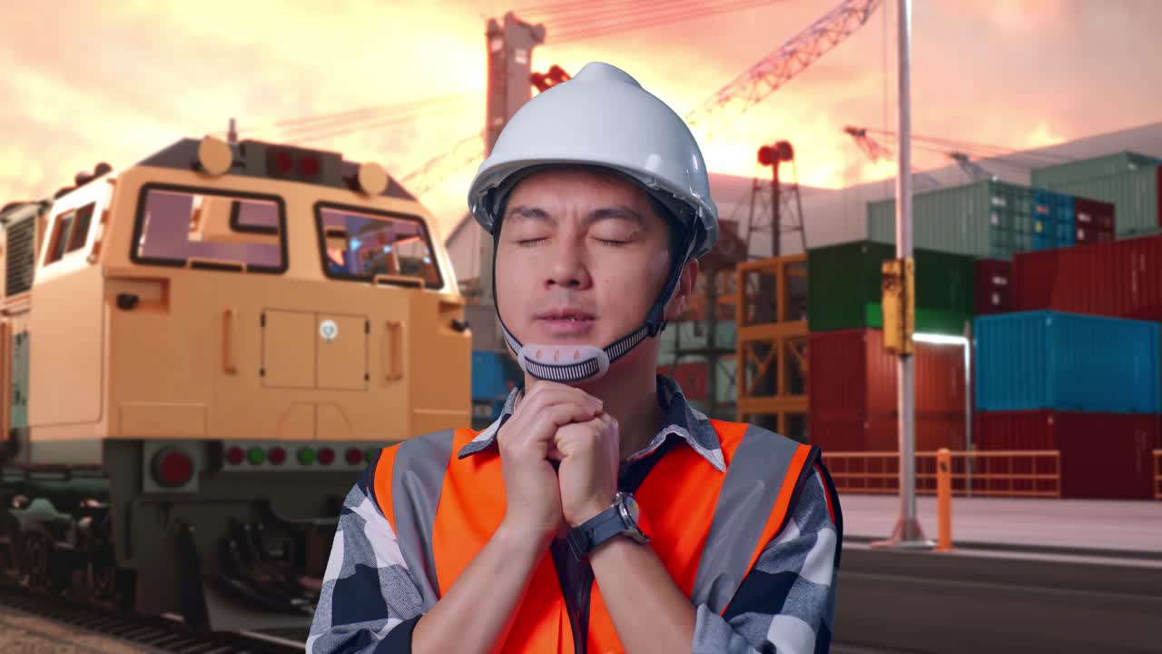 Stressed Construction Worker at Port with Train Background