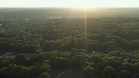 angled reverse flight over a rural area of the northeastern usa in the forest with a bright sunset, with intense lens flare