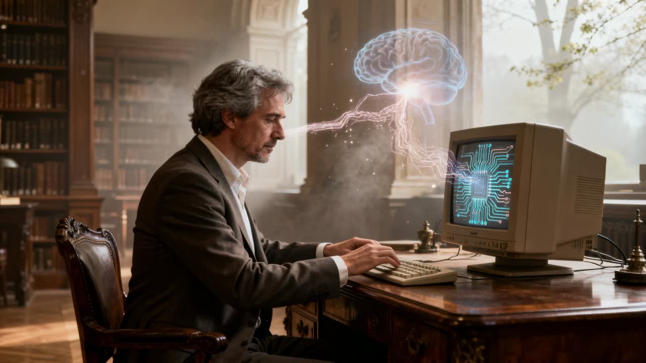 Typing man in suit tapping retro keys at desk in study, hologram brain linking to monitor