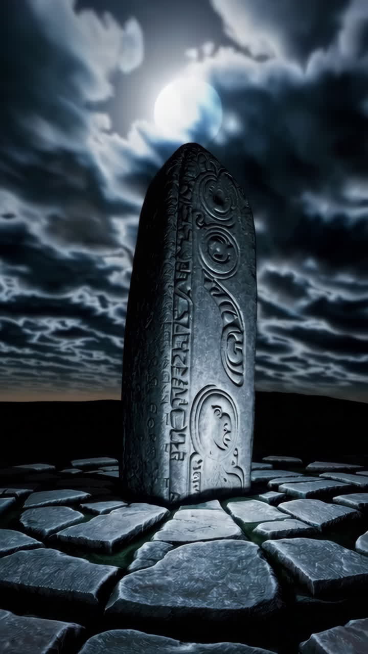 Antica pietra eretta sotto un cielo al chiaro di luna