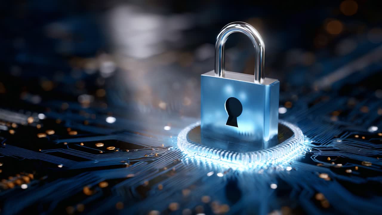 A Metallic Lock Enclosed by Digital Circuitry, Symbolizing Cybersecurity and Data Protection in a Modern Technological Environment