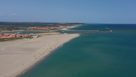 Mediterranean-sea-coast-Leucate-harbor-vacation-France-aerial--sandy-beach