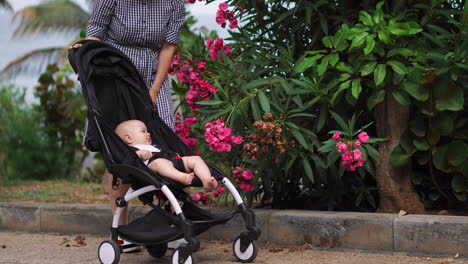 während der sommersaison in einem mit blumen geschmückten park macht eine junge mutter einen ruhigen spaziergang mit ihrem baby in einem kinderwagen. ihre freude ist offensichtlich, während sie neben ihrem sohn geht