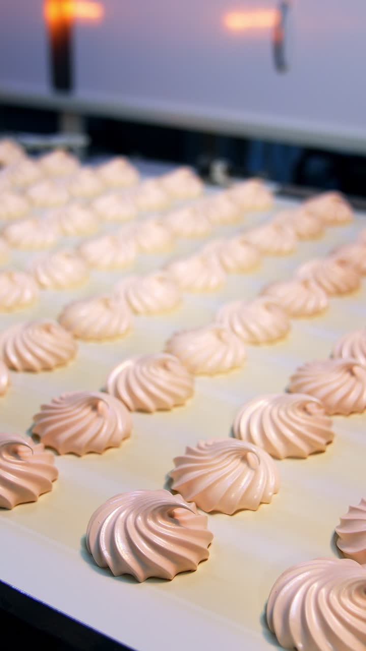 Factory making marshmallow. Candies marshmallow sweet food factory. Vertical video