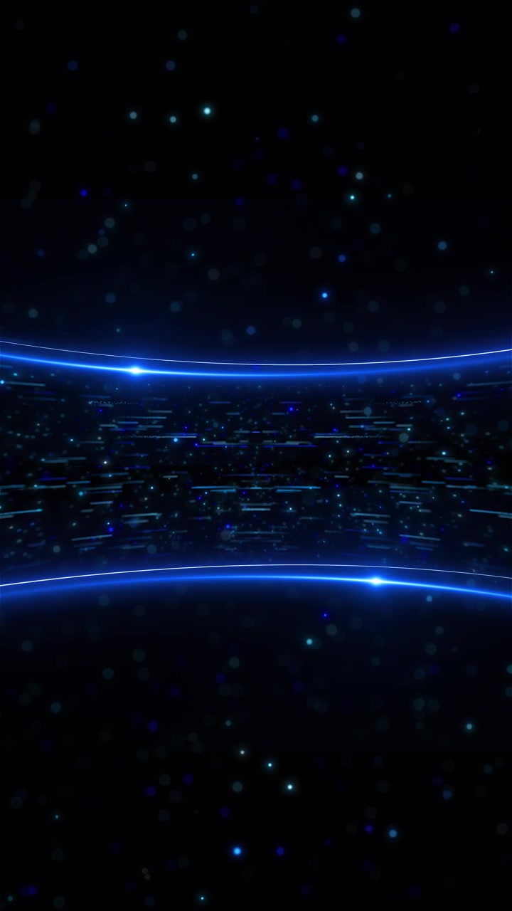 Sfondo di corridoio luminoso futuristico blu bordi curvi luminosi particelle fluttuanti strisce di dati veloci