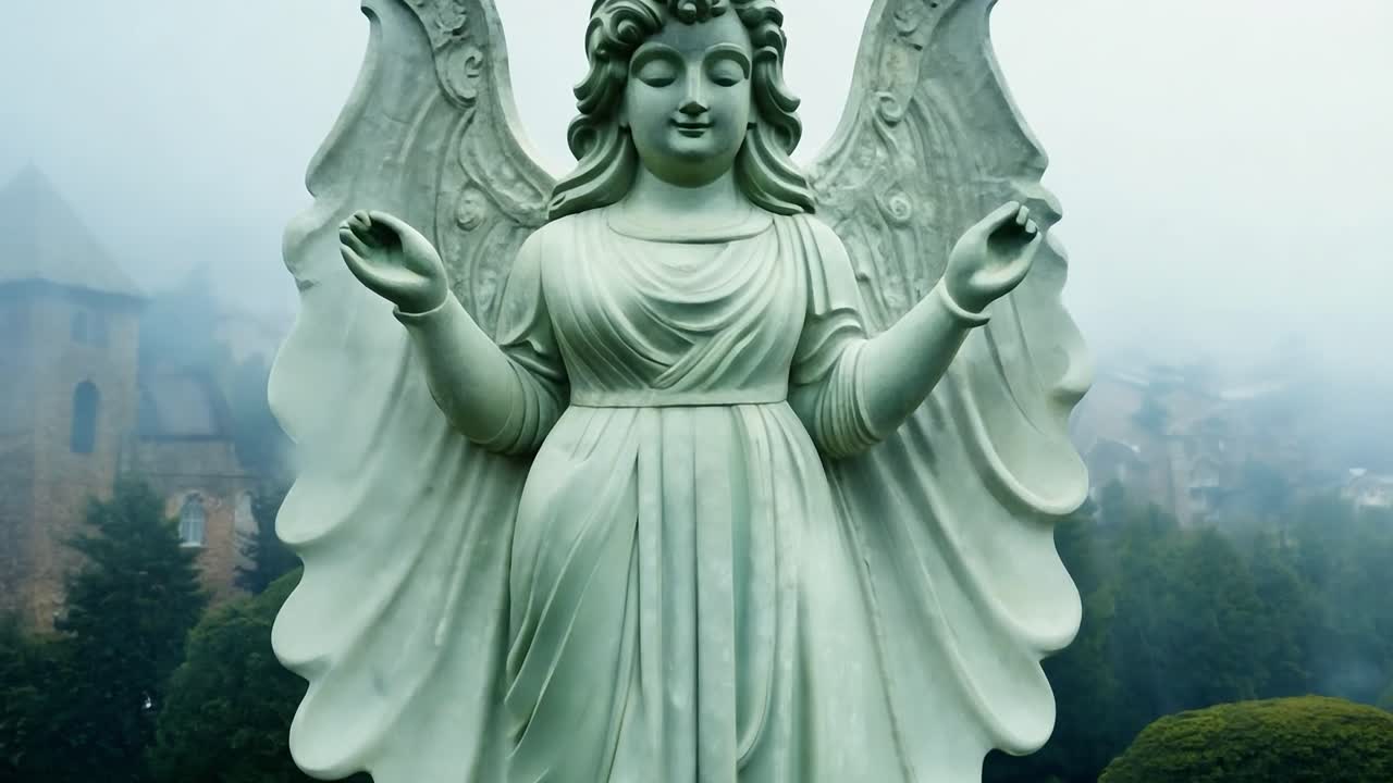 estatua de piedra de un ángel con las alas extendidas da la bienvenida a los visitantes a un cementerio neblínico, evocando sentimientos de paz y recuerdo