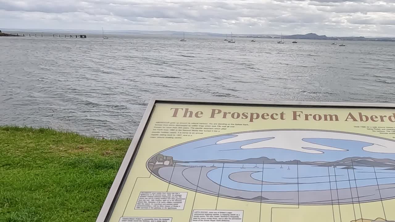 A scenic view of the ocean with an informational sign on a grassy area under a cloudy sky.