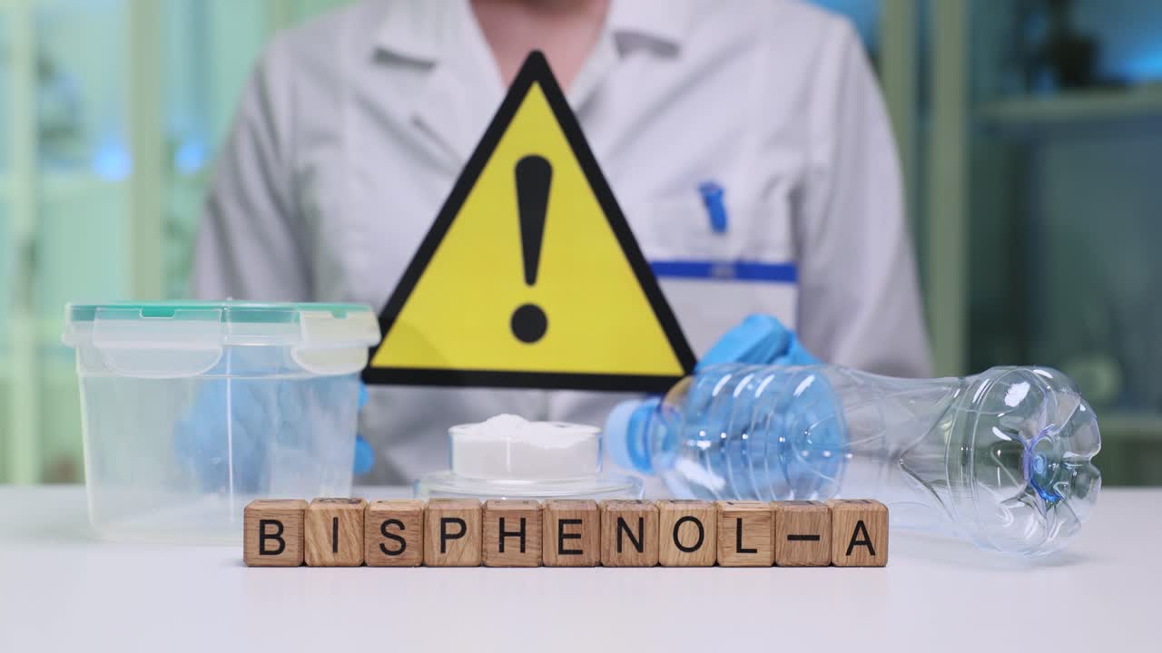 Blocchi di legno formano la parola bisfenolo vicino a una bottiglia di plastica e un cartello.