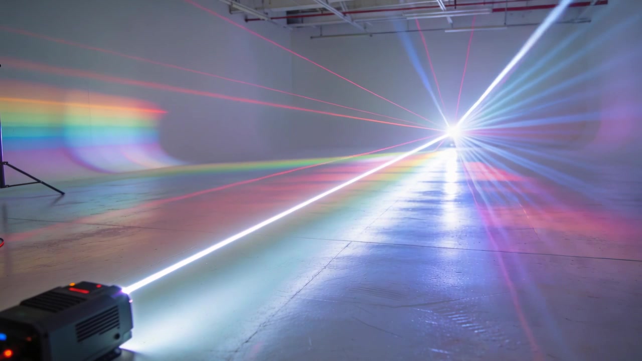 Encendiendo proyector, haz blanco cruzando el estudio, golpeando divisor de prisma, creando rayos de arcoíris